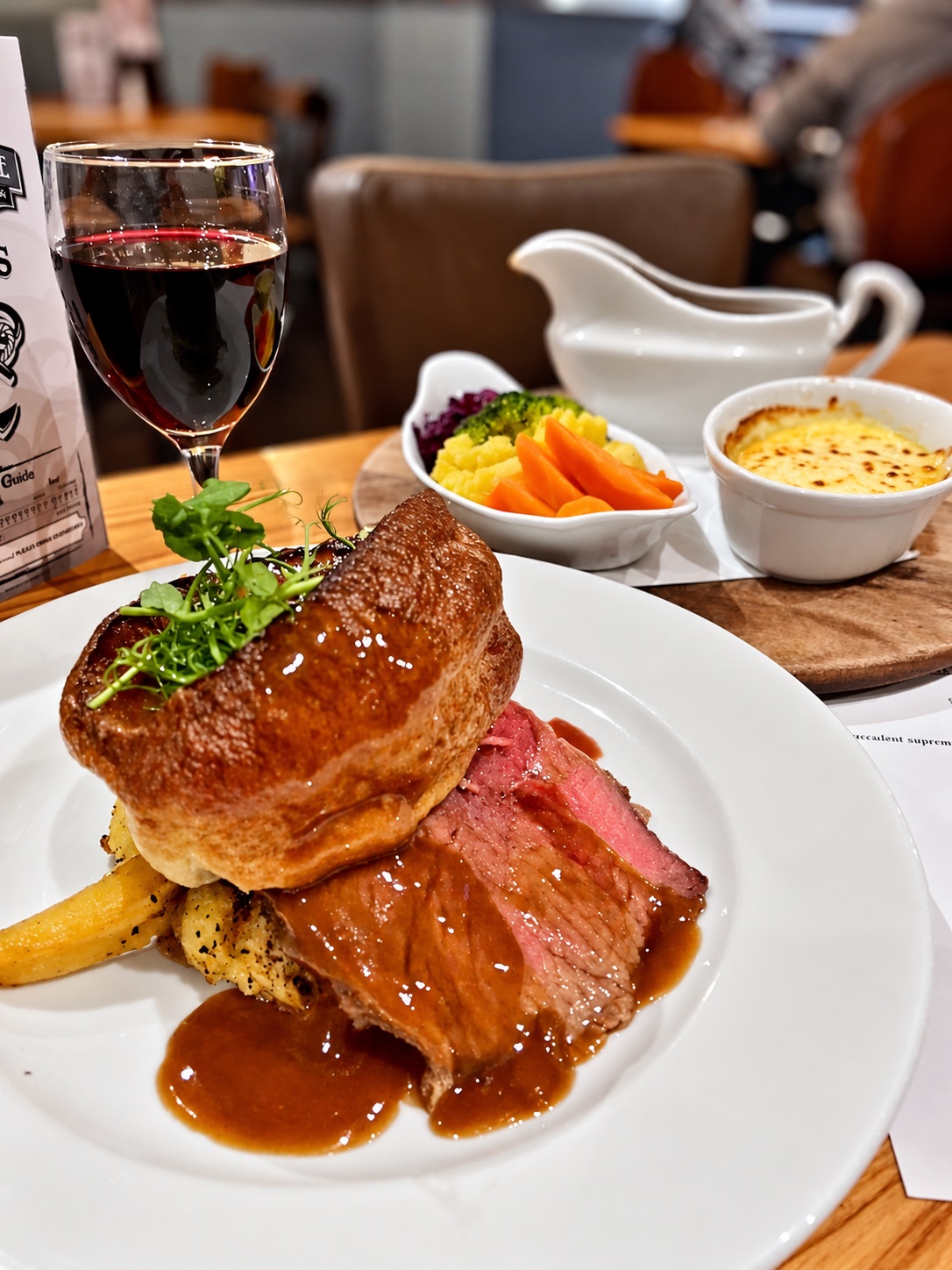 Sunday roast at The Captains Table, with roast beef, Yorkshire pudding, gravy and vegetables