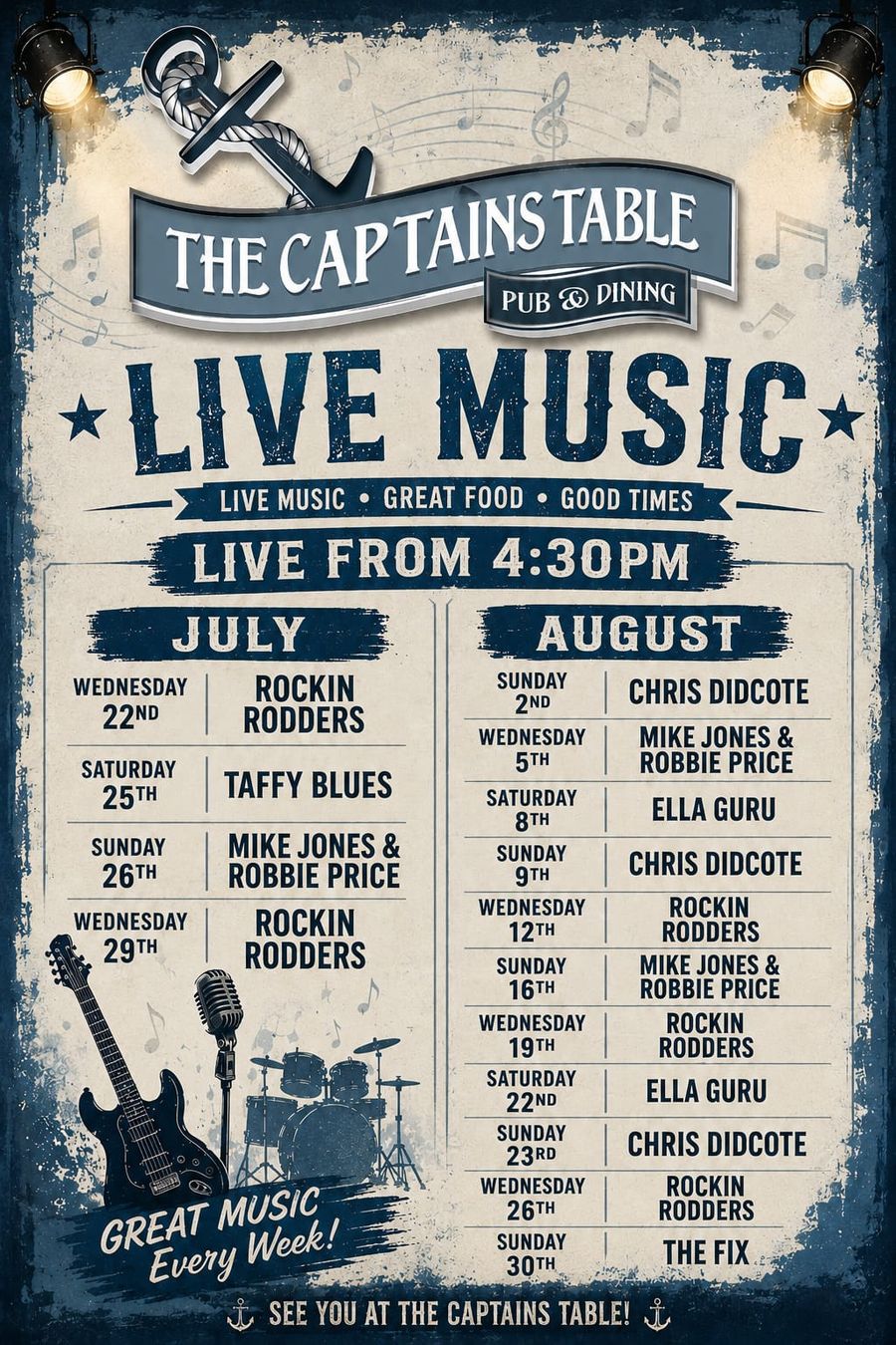 The Captains Table Saundersfoot live music poster — July and August line-up, live from 4:30pm